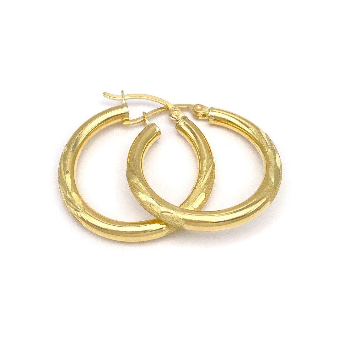 10k Satin & Diamond Cut Hoop Earrings