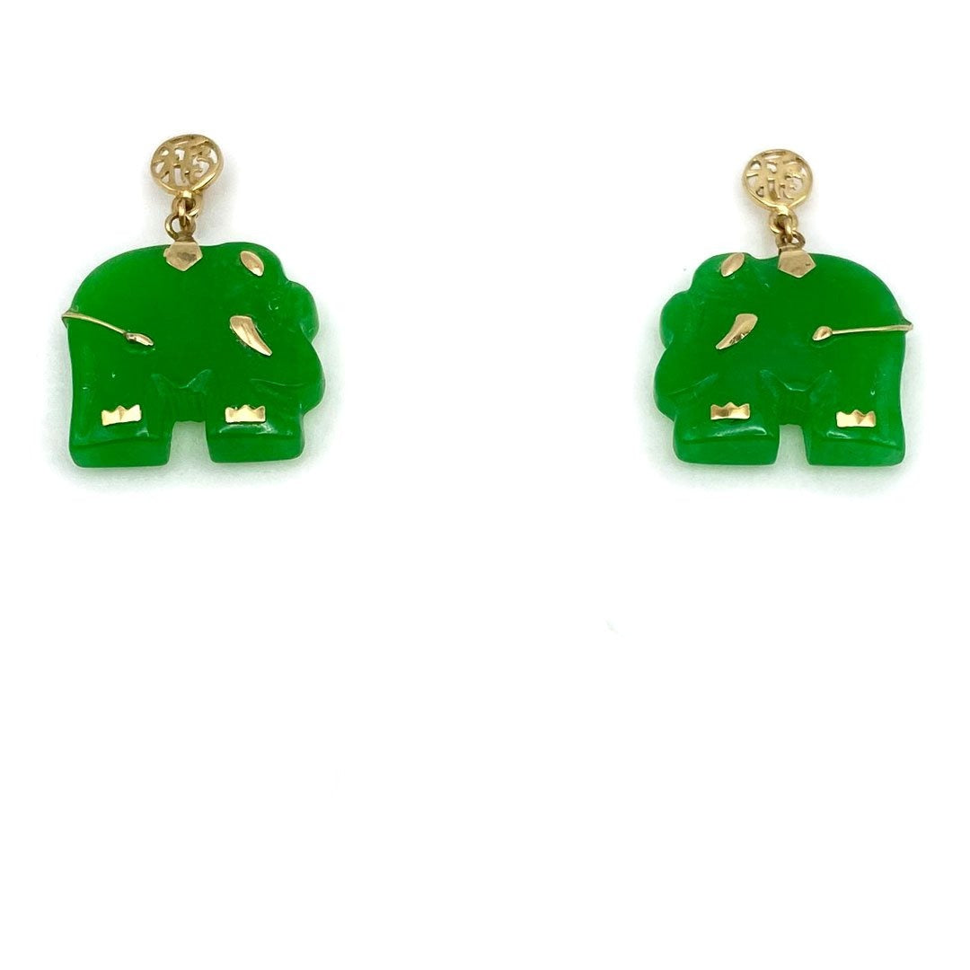 14k Elephant Hanging Earrings - Green Jade