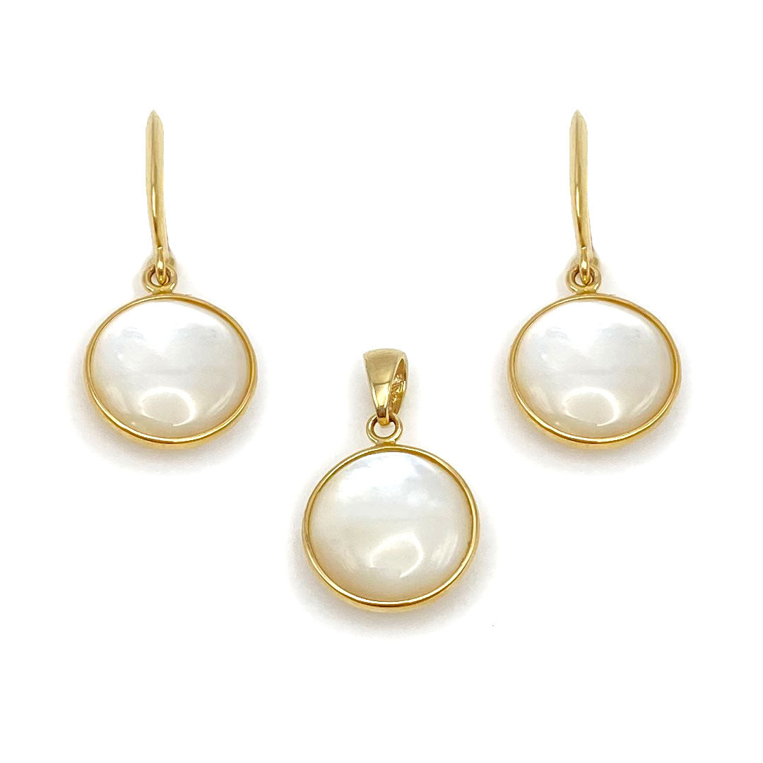 14k Round Hanging Earrings & Pendant Set - Mother of Pearl