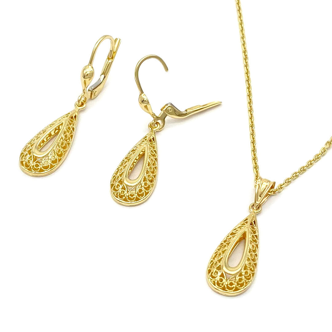 14k Filigree Teardrop Earrings & Necklace Set