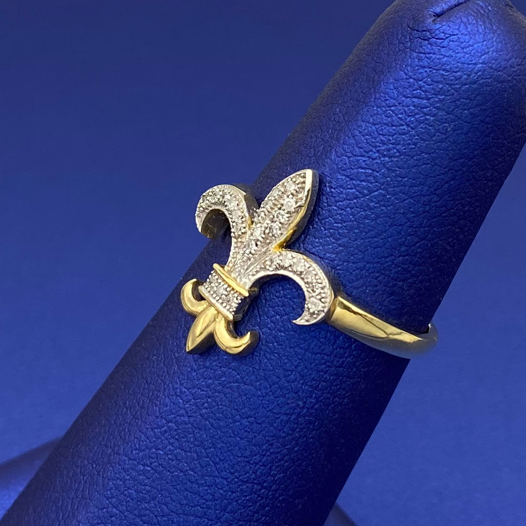 Diamond Royal French Lily Fleur De Lis Ring 10k Yellow Gold 0.10ct