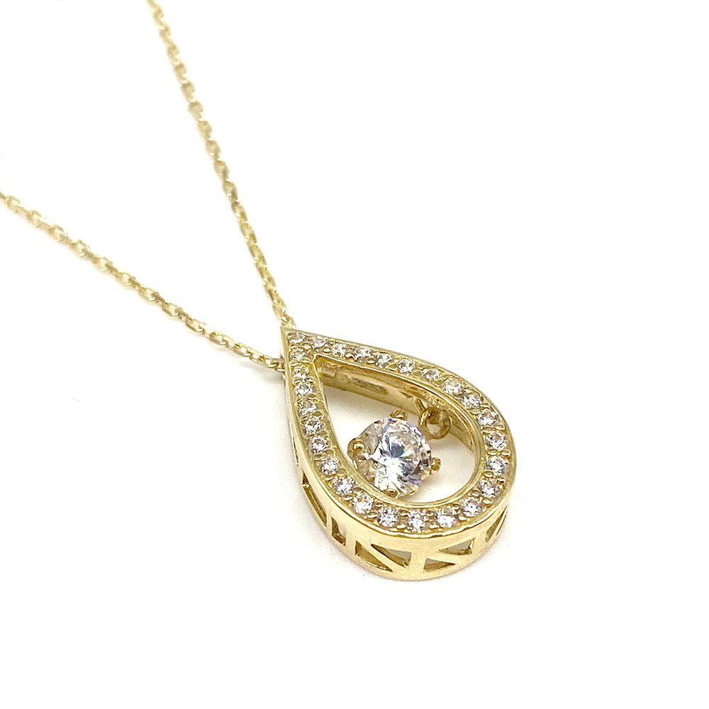 14k CZ Tear Drop Dancing Stone Pendant with Chain