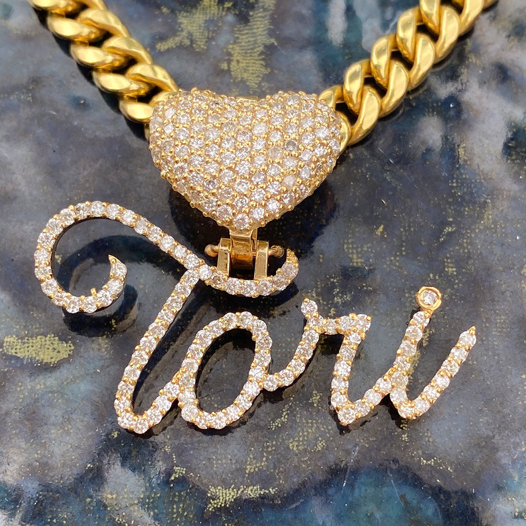 Custom Heart & Cursive Name Pendant with Genuine Diamonds