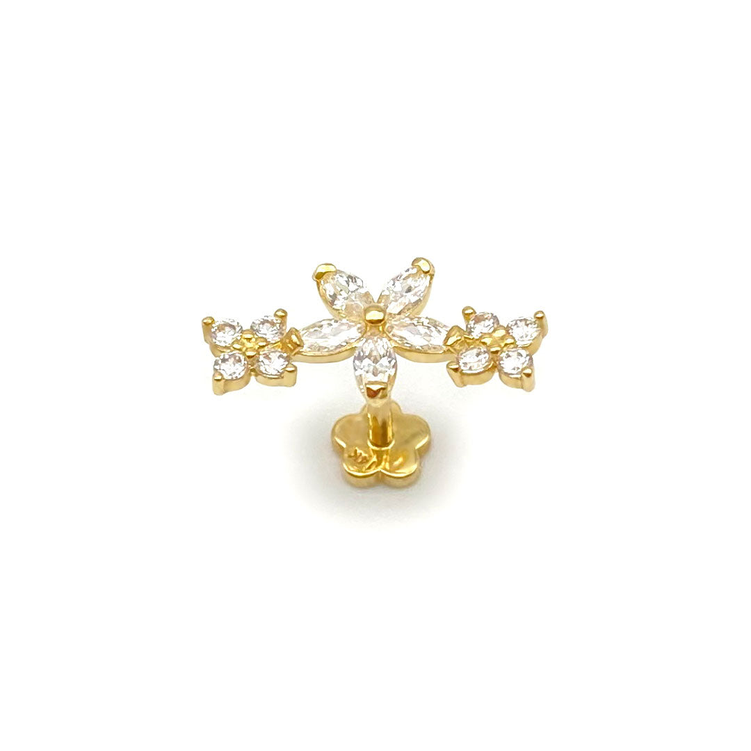 14k CZ Triple Flower Internal Threaded Stud