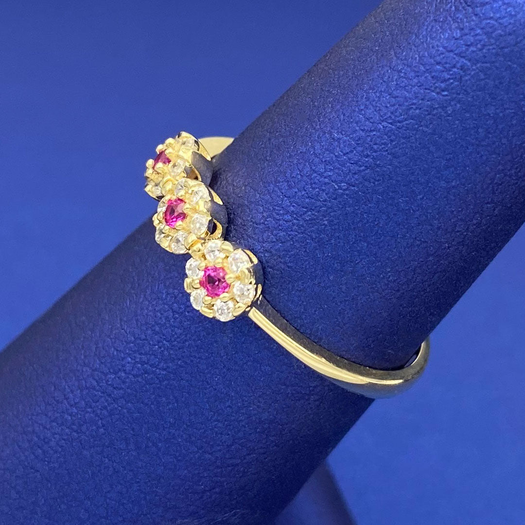 14k CZ Triple Red Flower Ring