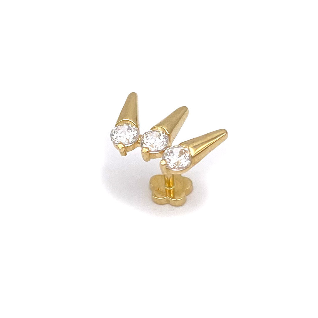 14k CZ Triple Rivet Spike Internal Threaded Stud