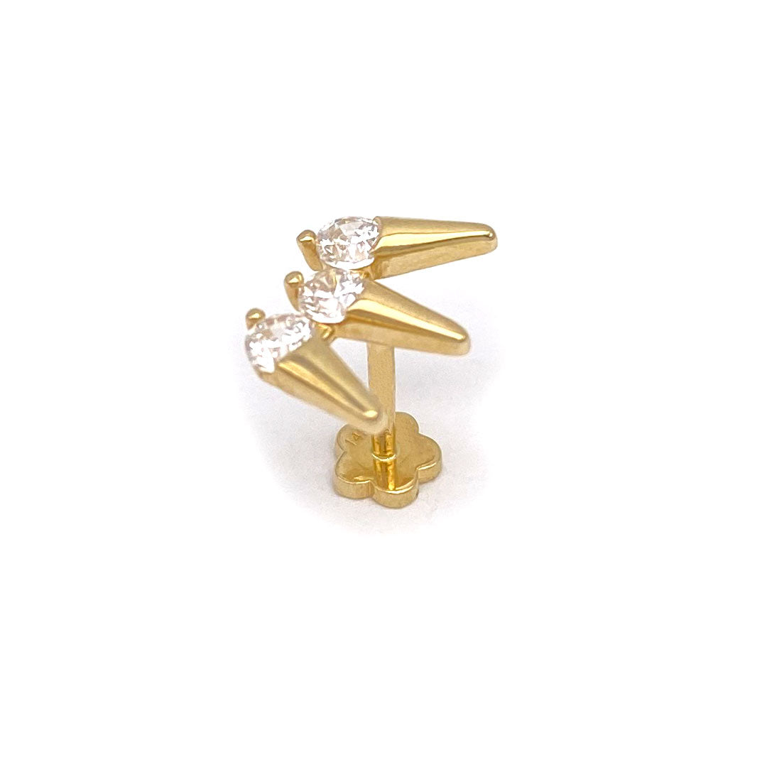 14k CZ Triple Rivet Spike Internal Threaded Stud