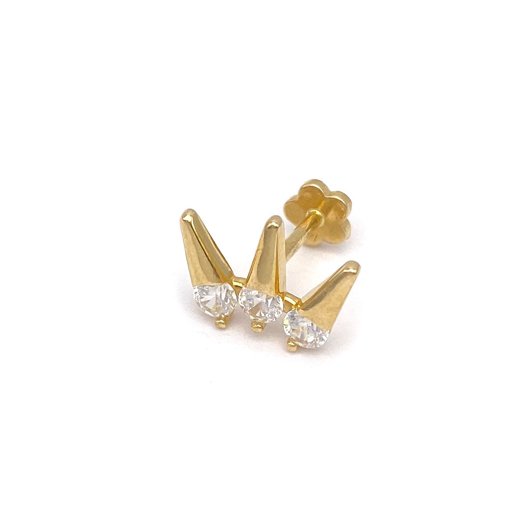 14k CZ Triple Rivet Spike Internal Threaded Stud