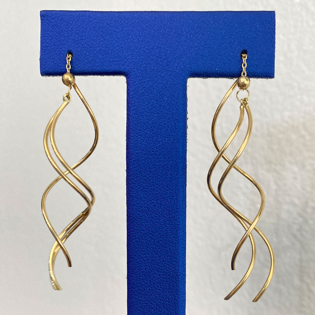 14k Fancy Triple Tube Twist Needle & Thread Dangle Earrings