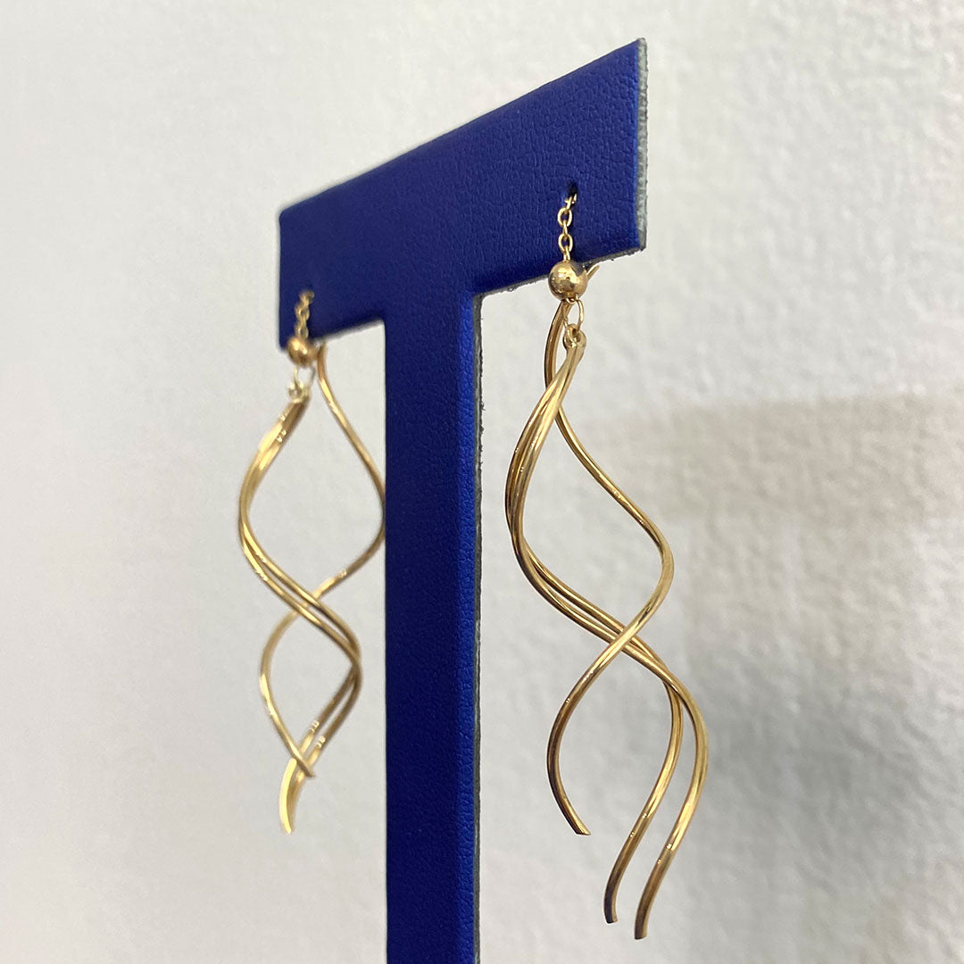 14k Fancy Triple Tube Twist Needle & Thread Dangle Earrings