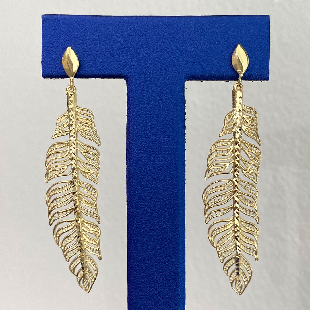 14k Tropical Leaf Dangle Earrings with Push Back