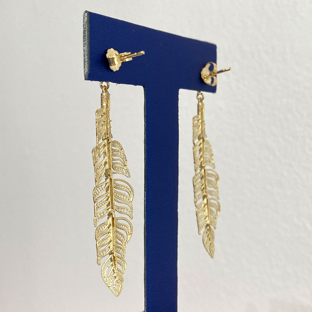 14k Tropical Leaf Dangle Earrings with Push Back