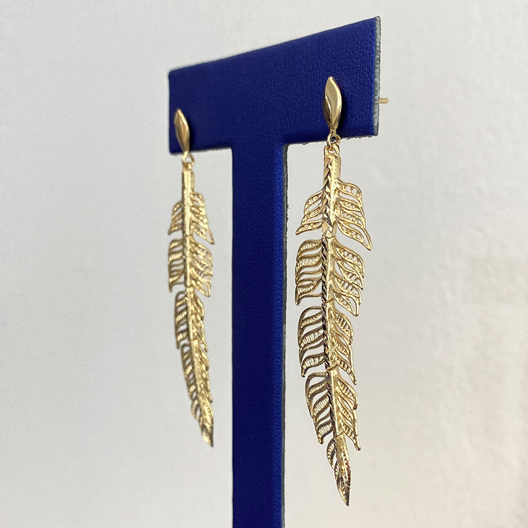 14k Tropical Leaf Dangle Earrings with Push Back