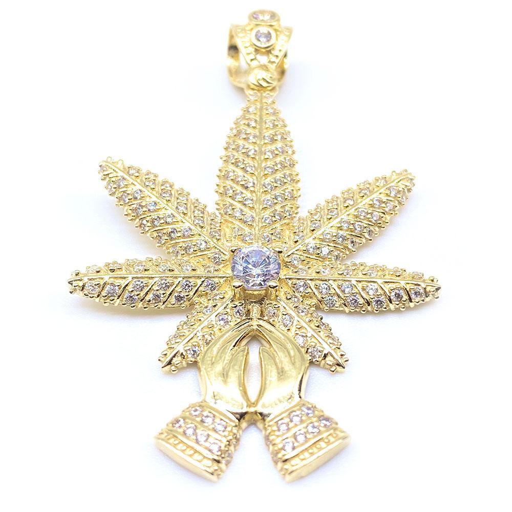 10k CZ Marijuana Leaf & Praying Hands Pendant - Yellow Brick Empire