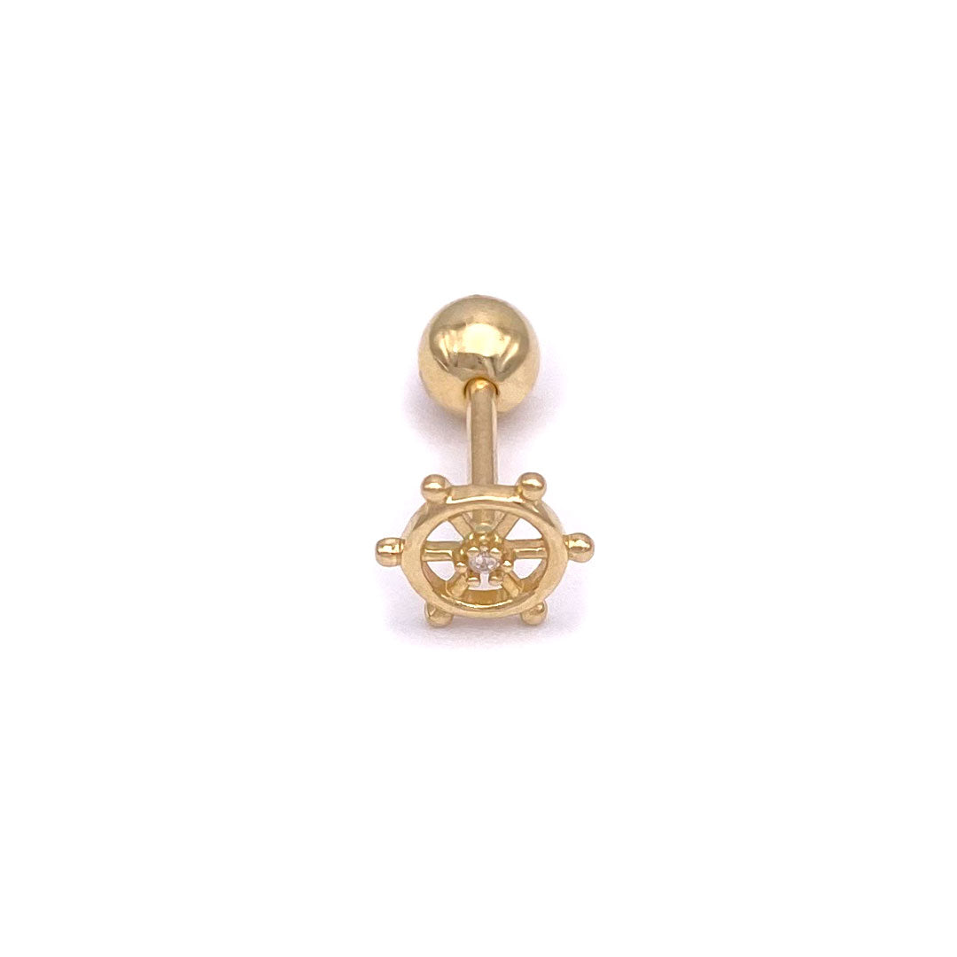 14k CZ Ship's Wheel Screw Ball Back Barbell Piercing Earring