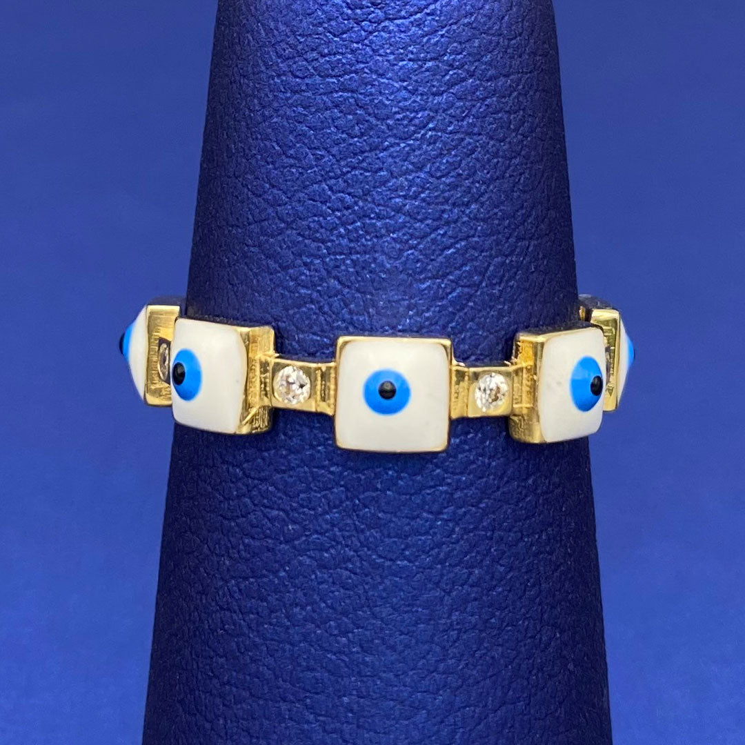 14k CZ & White Enamel Evil Eye Square Ring