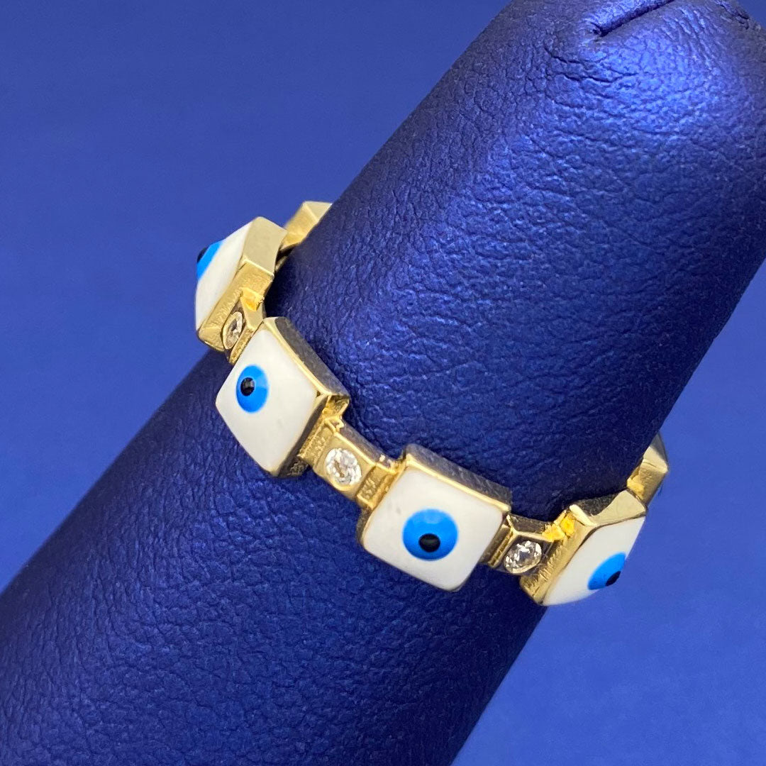 14k CZ & White Enamel Evil Eye Square Ring