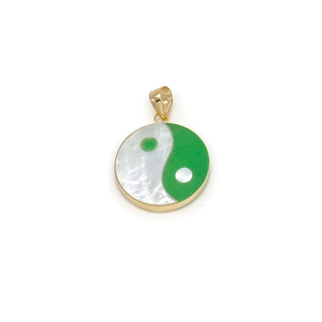 14k Yin & Yang Round Pendant - Green Jade & Mother of Pearl