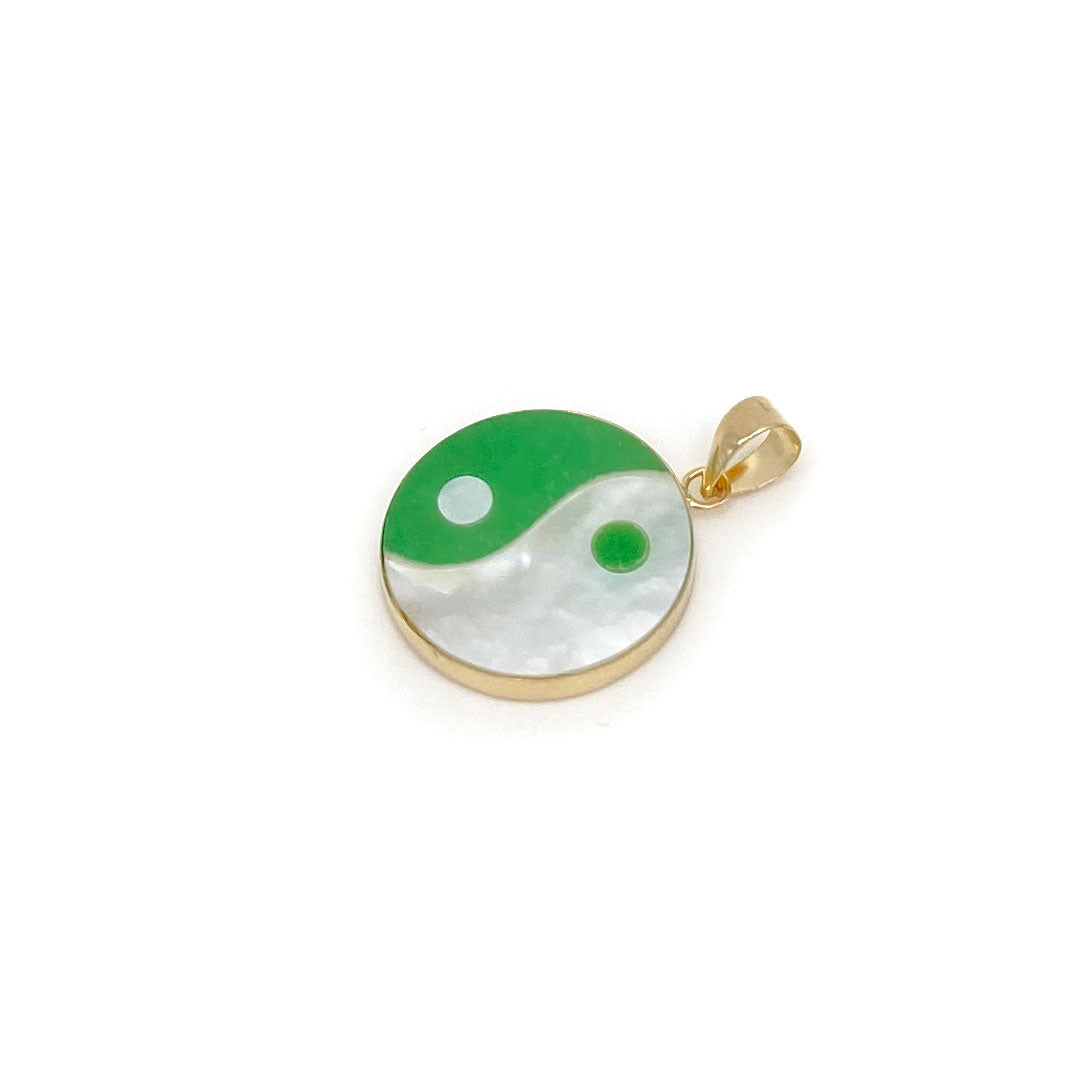 14k Yin & Yang Round Pendant - Green Jade & Mother of Pearl